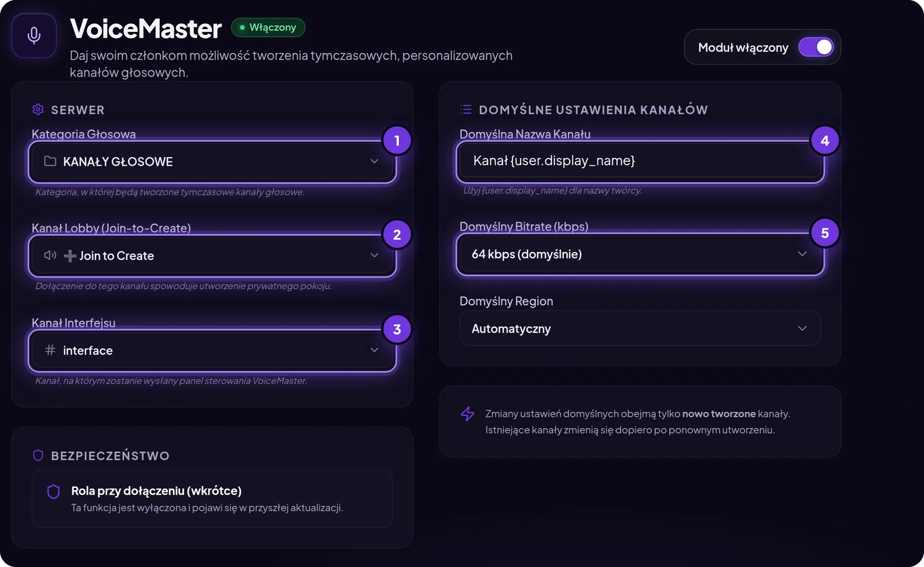 Ustawienia modułu VoiceMaster w panelu MurFFy: kategoria głosowa, kanał lobby, kanał interfejsu, domyślna nazwa kanału i bitrate