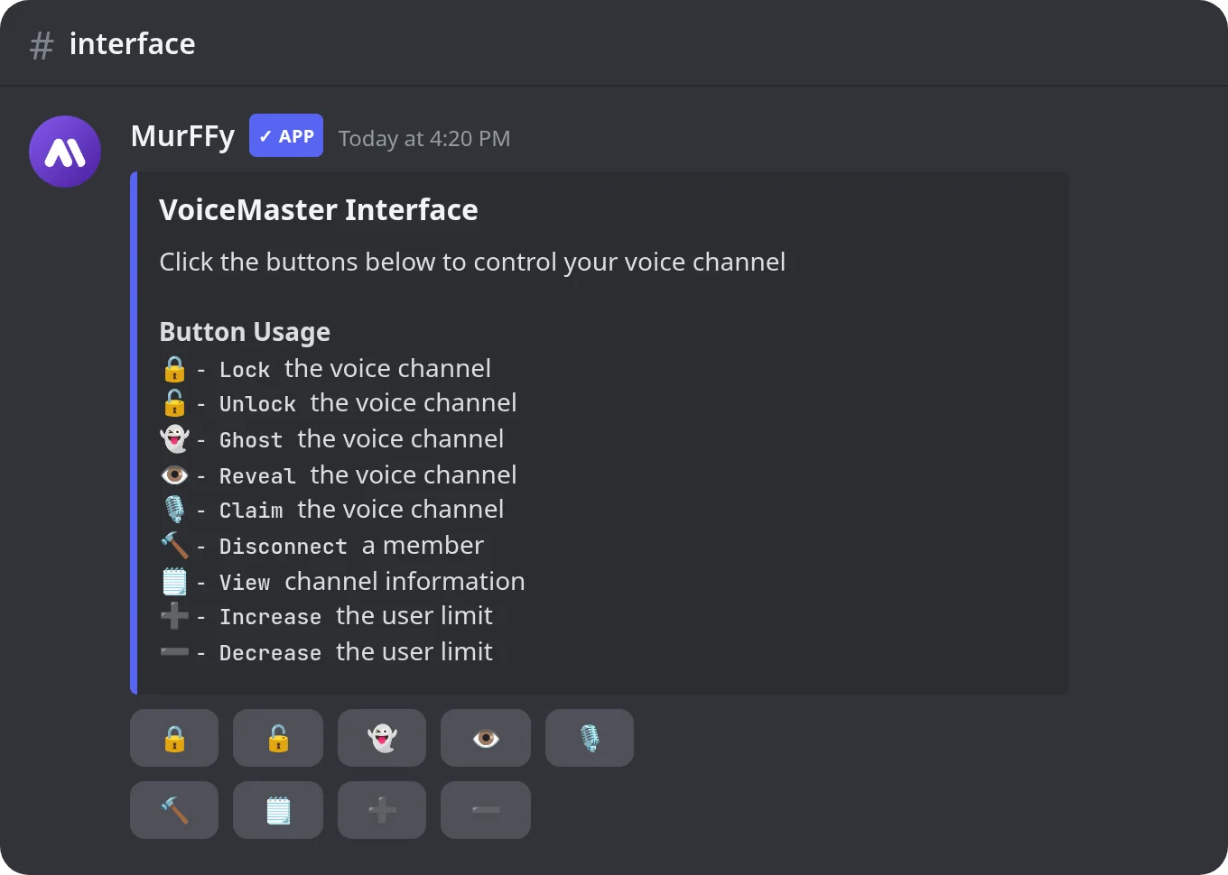 VoiceMaster control panel on Discord with lock, ghost, claim, disconnect and user limit buttons