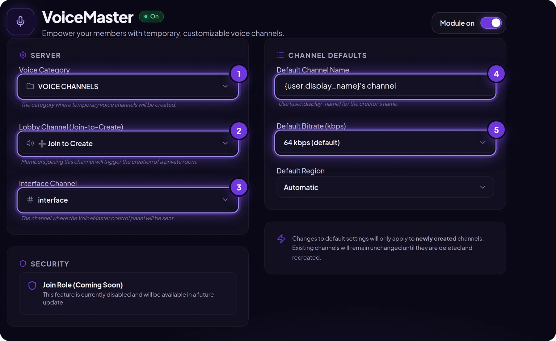 VoiceMaster settings in MurFFy: voice category, lobby channel, interface channel, default channel name and bitrate