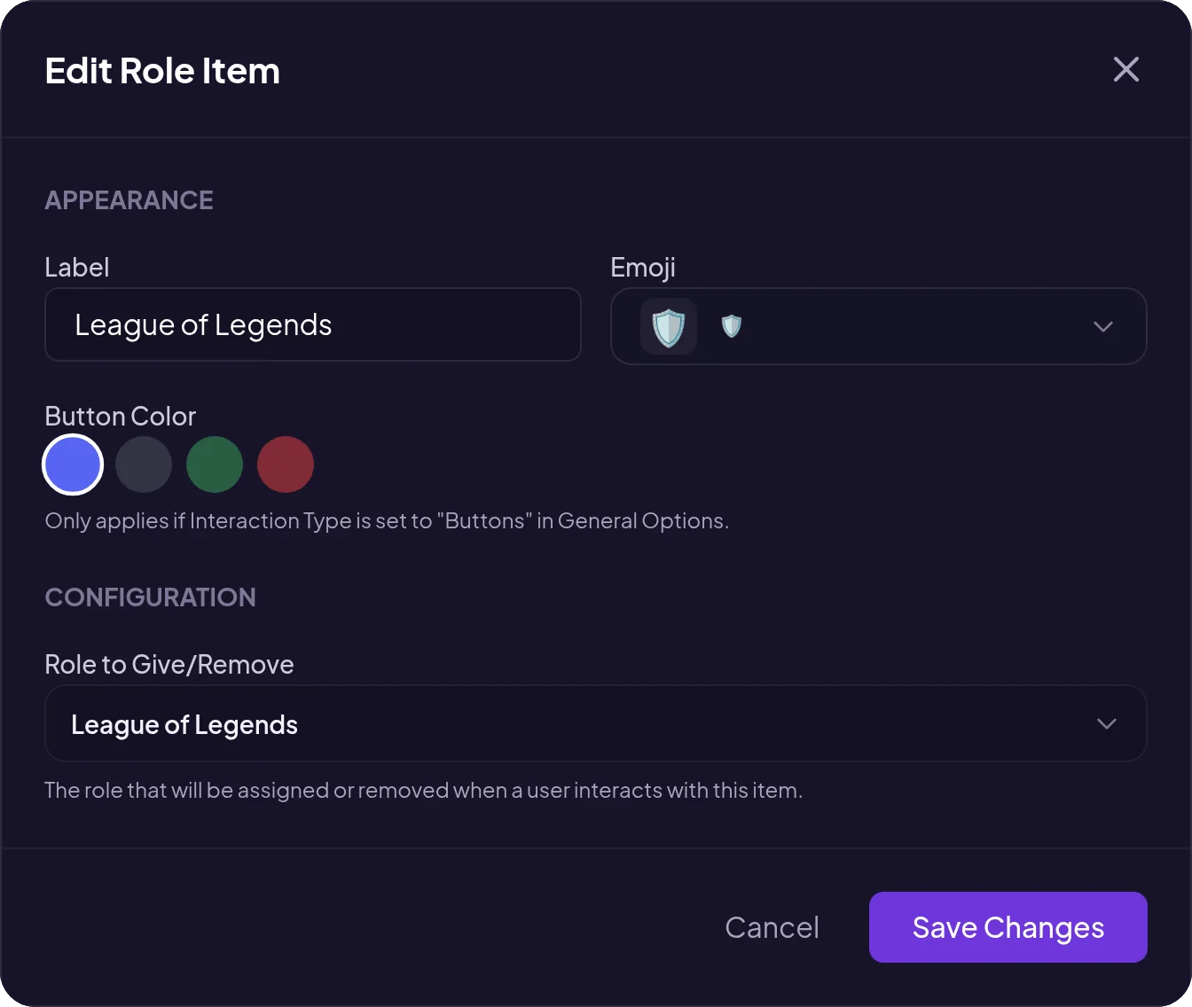 Edit role dialog in the Selfrole panel: label, emoji, button color and role
