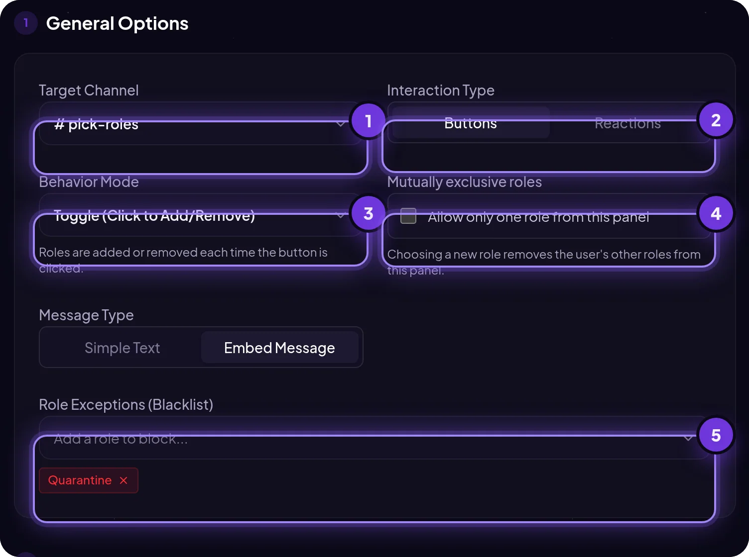 Selfrole panel general options in MurFFy: target channel, interaction type, behavior mode, mutually exclusive roles and role blacklist