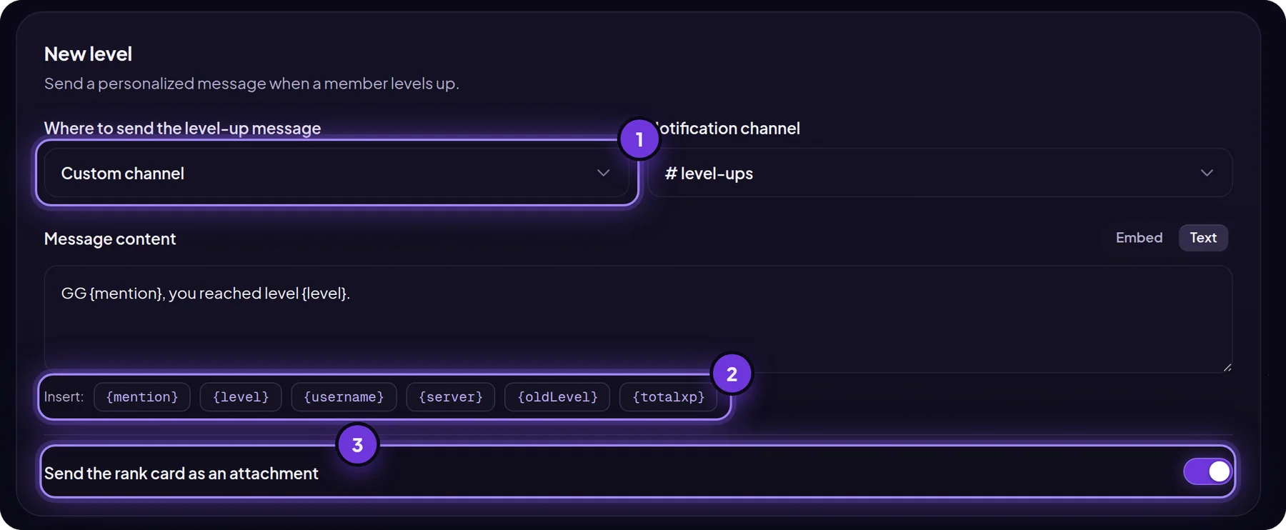Level-up message settings in MurFFy: channel choice, text with variables and sending the rank card as an attachment