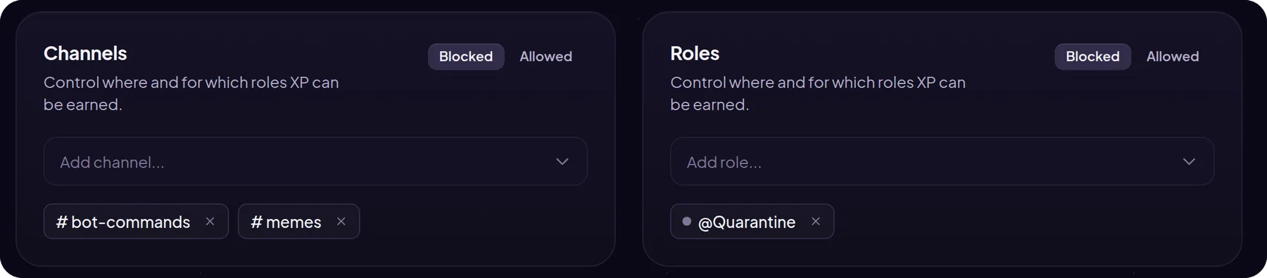 Leveling exceptions in MurFFy: bot-commands and memes channels blocked and the Quarantine role without XP
