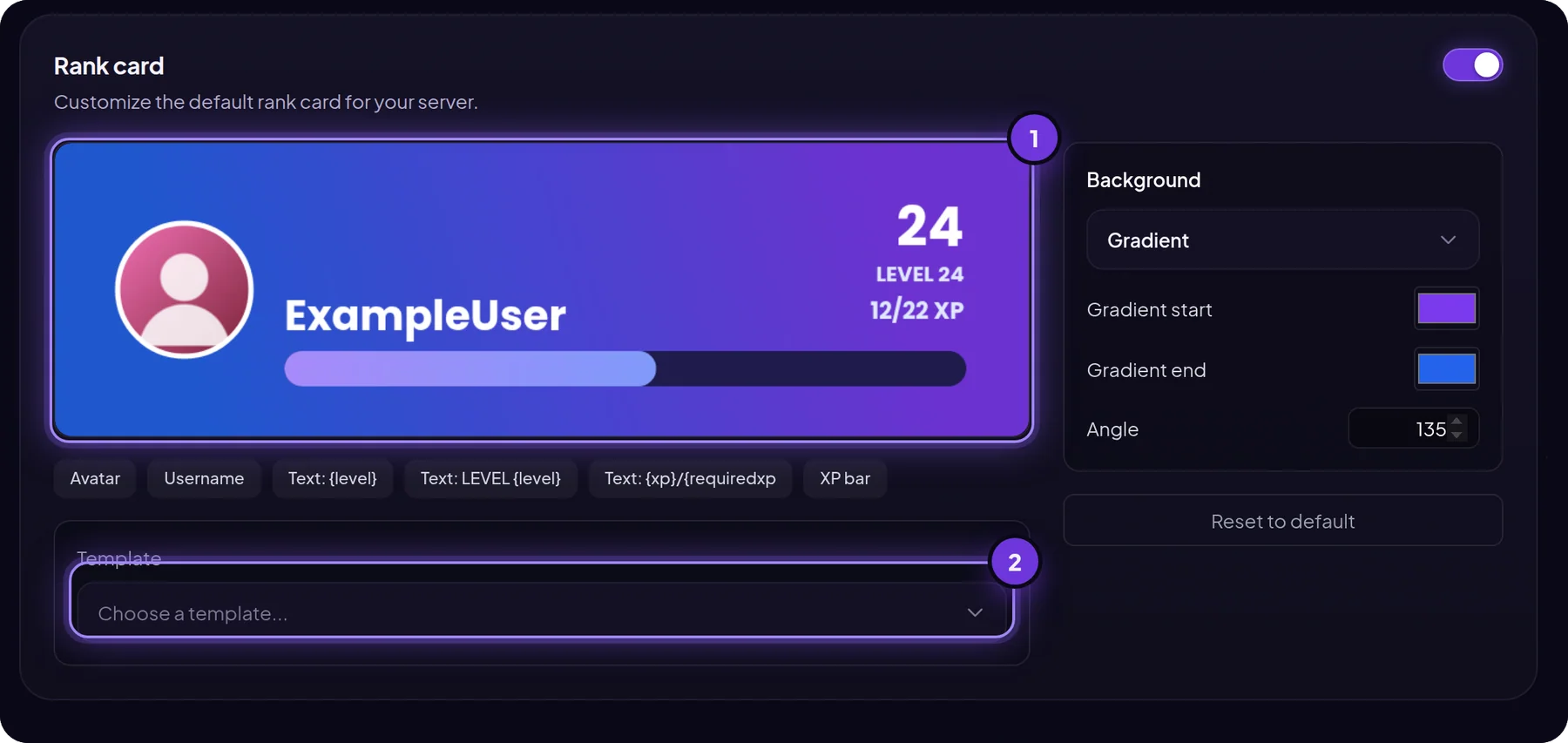 MurFFy rank card editor with the card preview and template picker