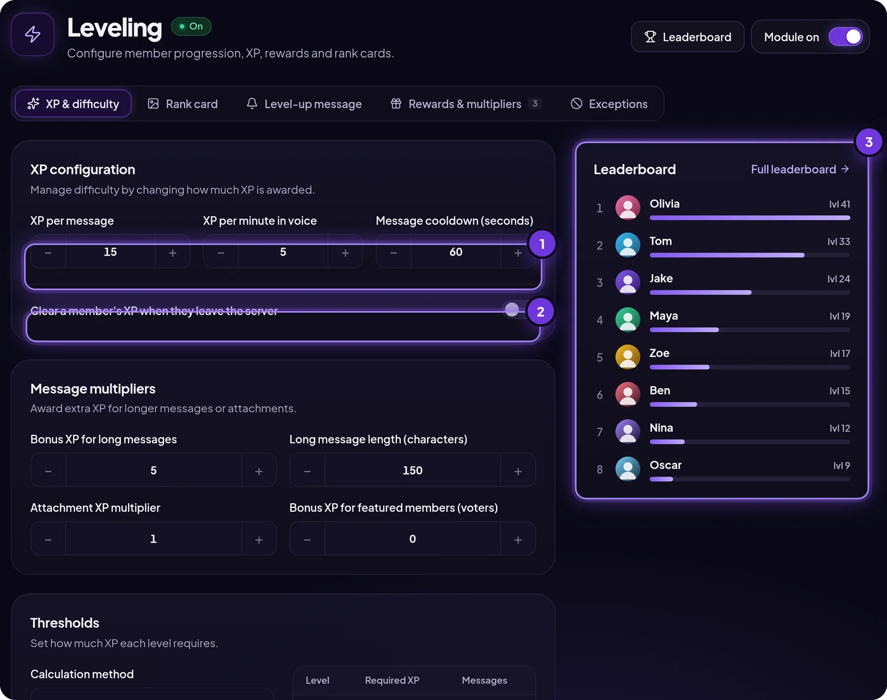 MurFFy leveling XP settings: XP per message, XP per voice minute, message cooldown and the live leaderboard