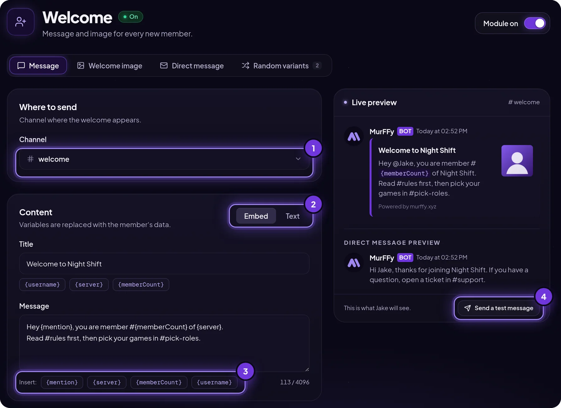 MurFFy dashboard Welcome module: channel picker, Embed or Text toggle, variables and the Send a test message button