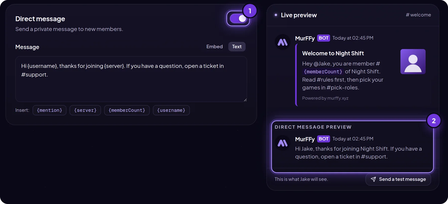 Direct message settings for new members in the MurFFy dashboard