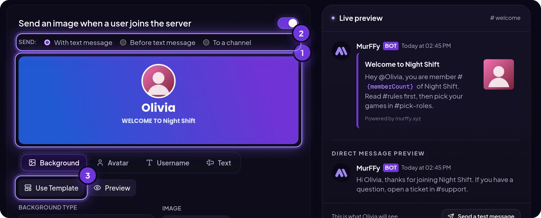 MurFFy welcome image editor with the card preview, delivery mode and ready-made templates