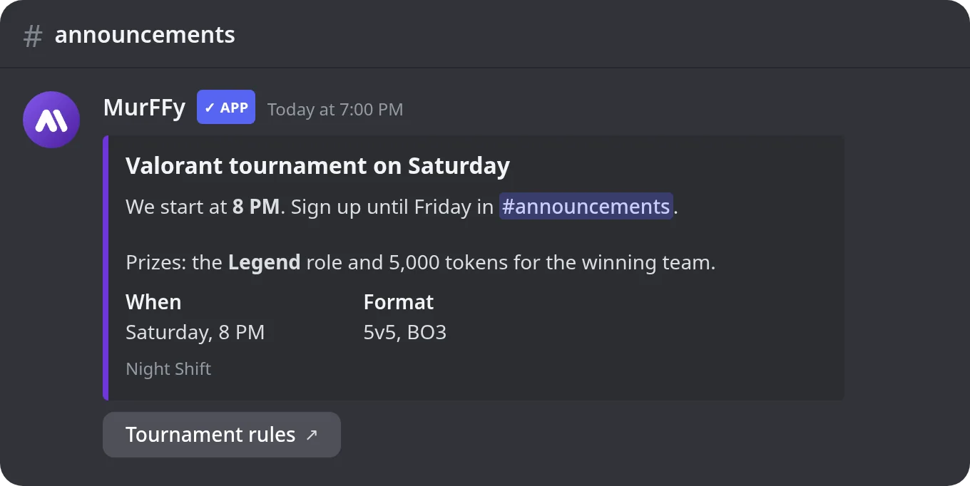 A finished Discord embed announcing a tournament with fields and a Tournament rules button