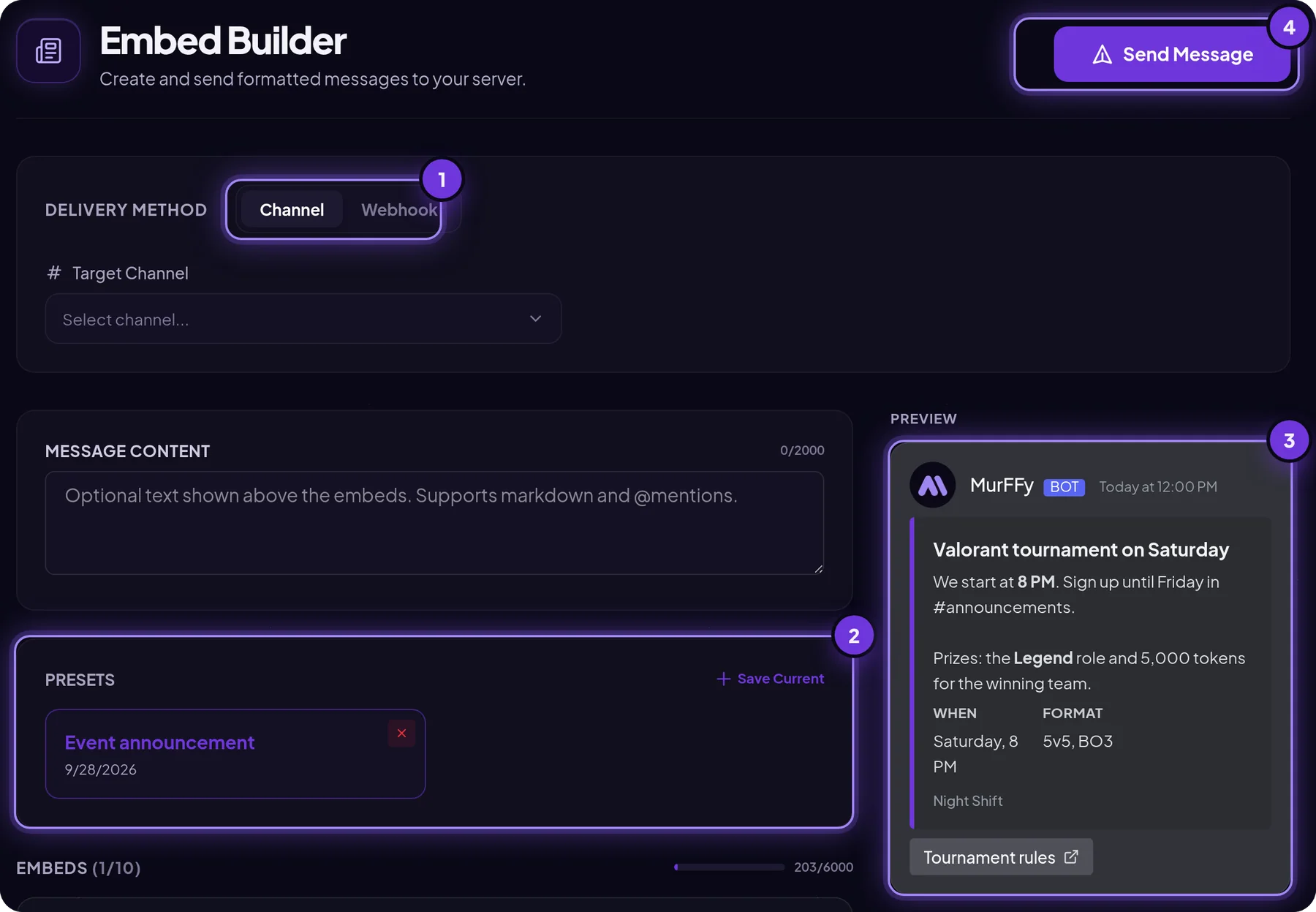 MurFFy Embed Builder: send mode, saved templates, live preview and the Send message button