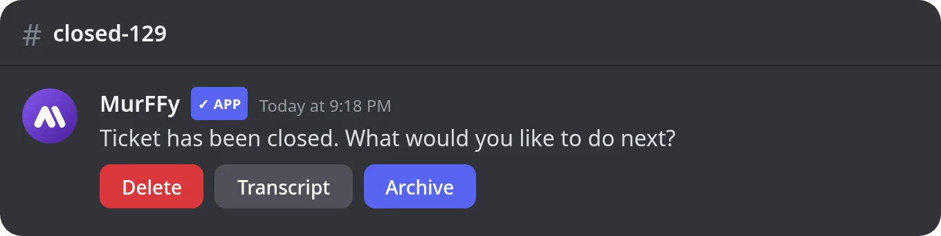 A closed Discord ticket with Delete, Transcript and Archive buttons