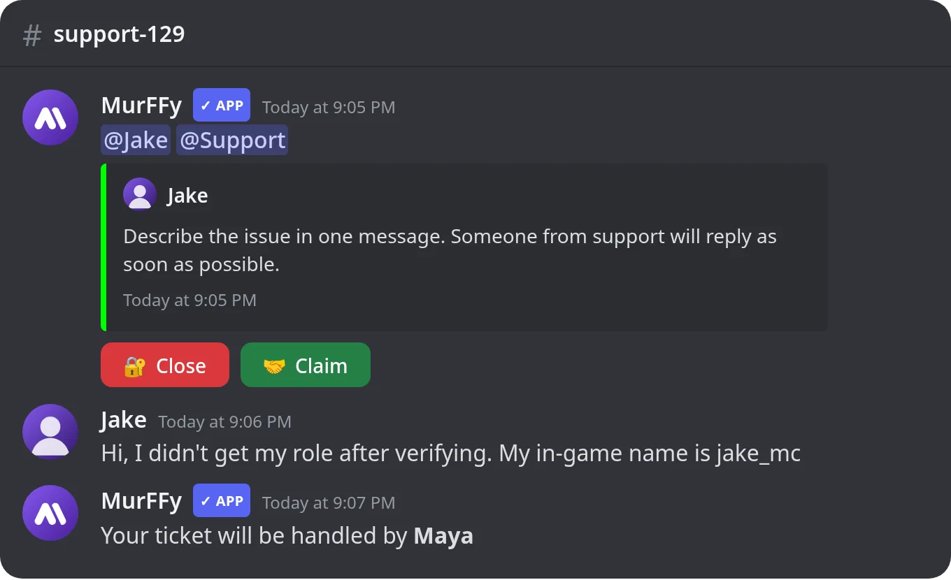 A new Discord ticket: welcome message with Close and Claim buttons and a claim notice