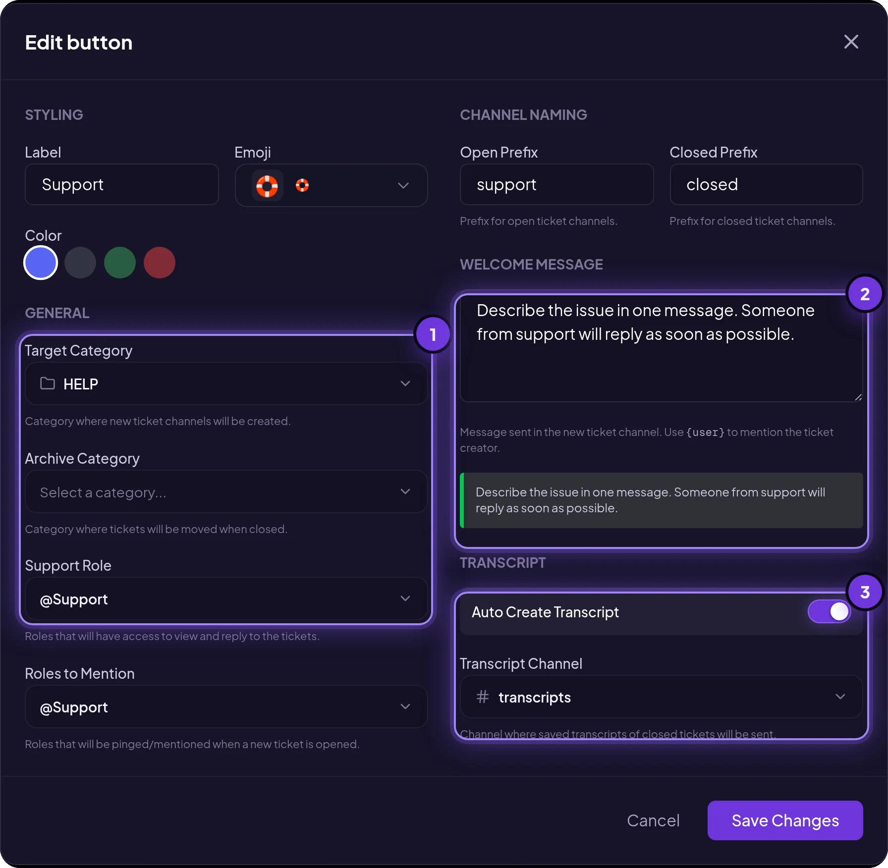 Editing a ticket button in MurFFy: ticket category, support role, welcome message and automatic transcript