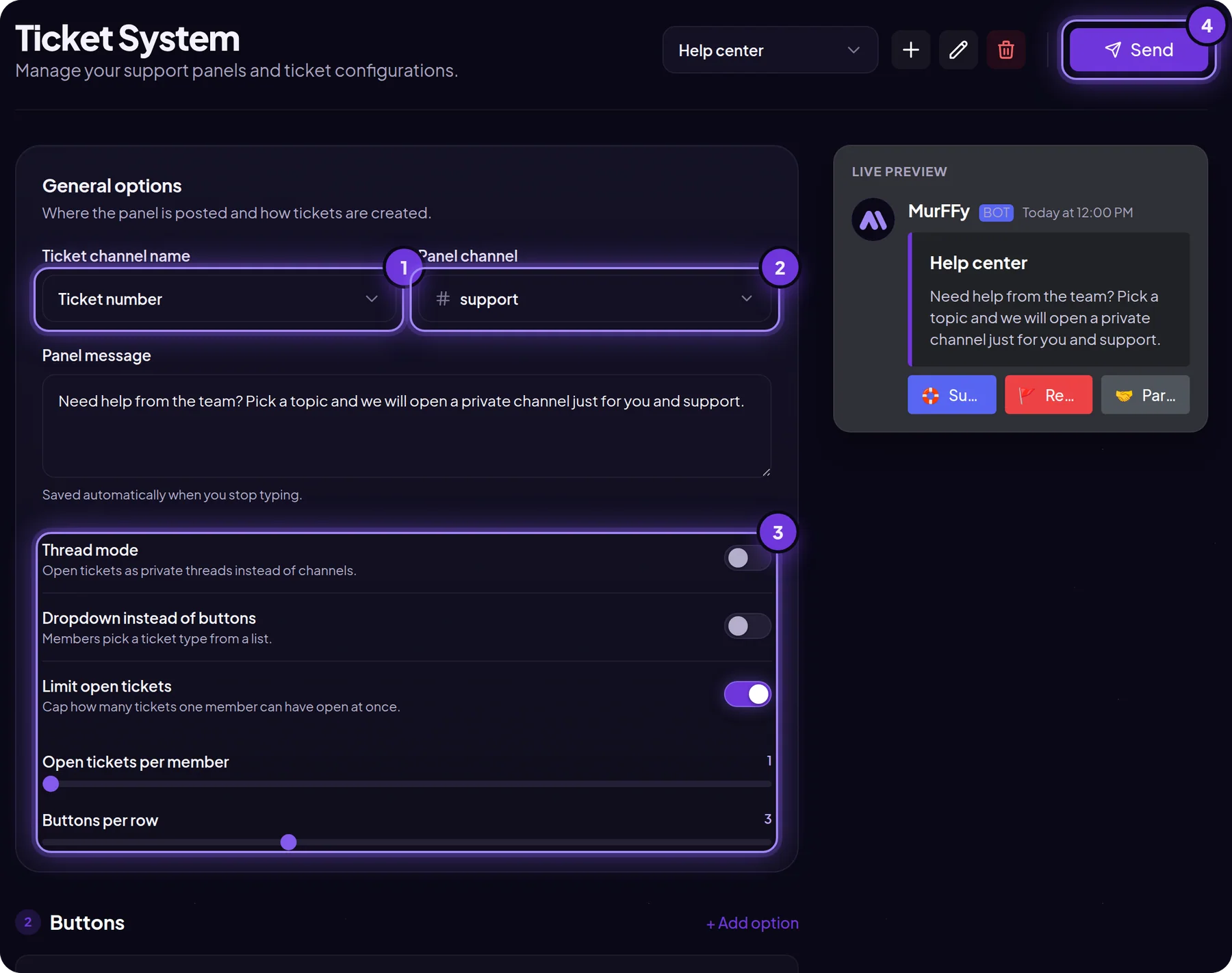 MurFFy ticket panel general options: ticket channel name, panel channel, thread mode, dropdown and ticket limit