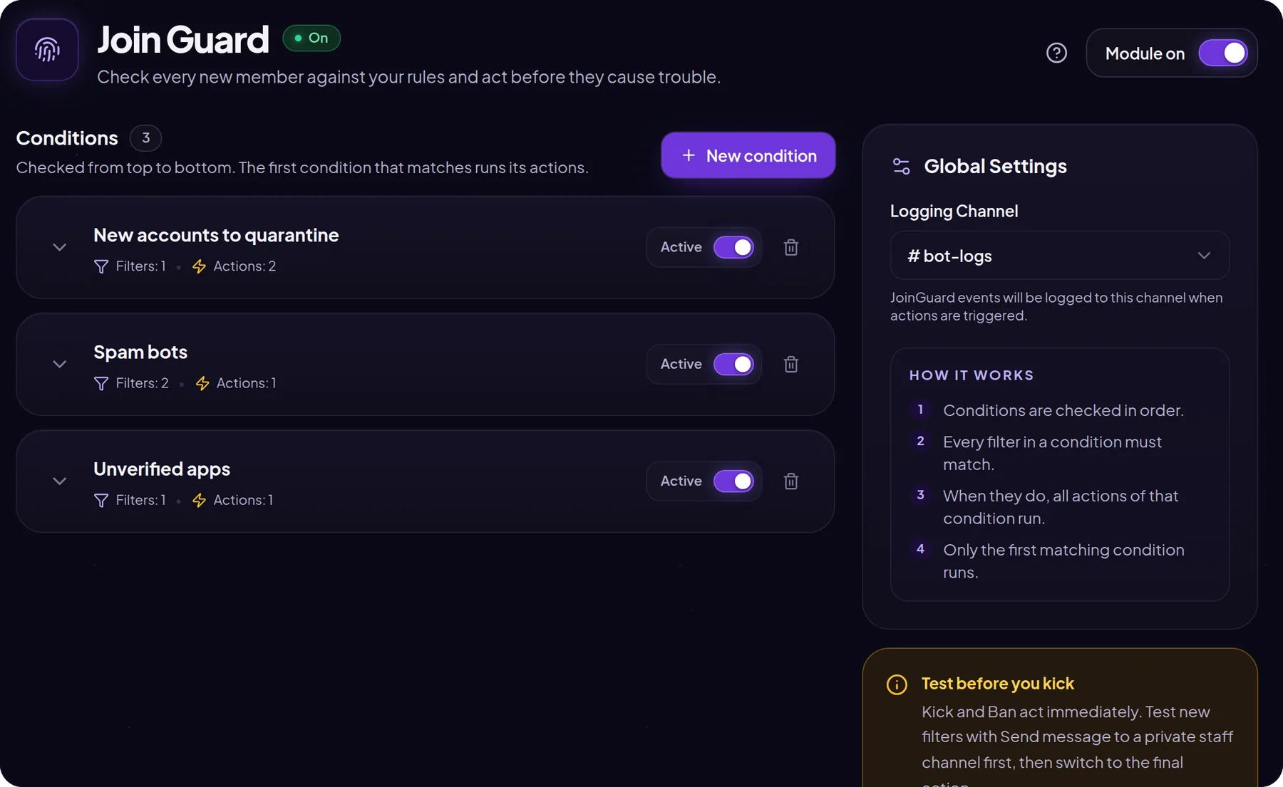 MurFFy JoinGuard module: list of conditions, log channel and how it works