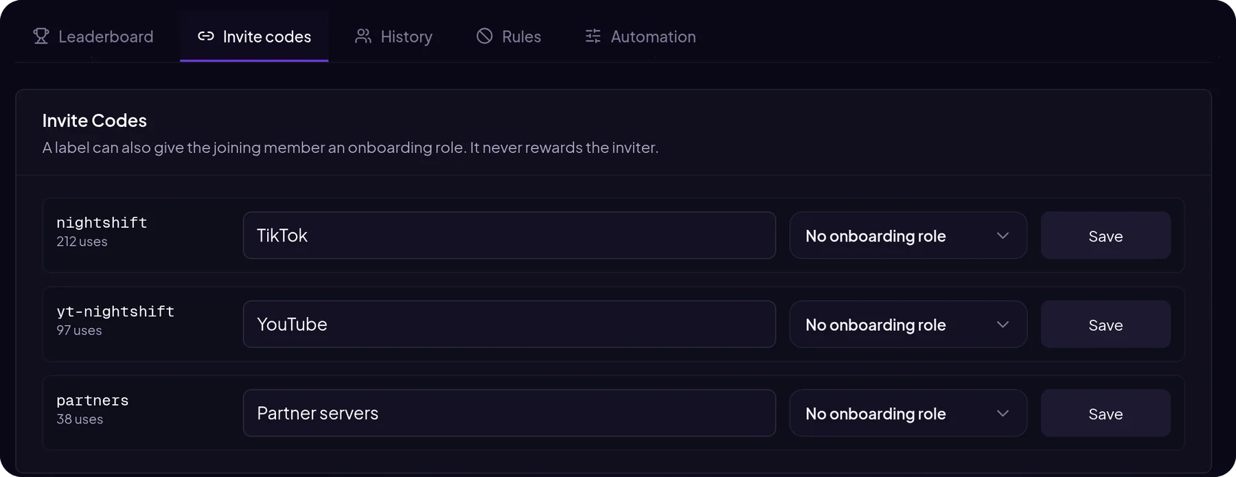 Invite codes labeled TikTok, YouTube and Partner servers with use counts in the MurFFy dashboard