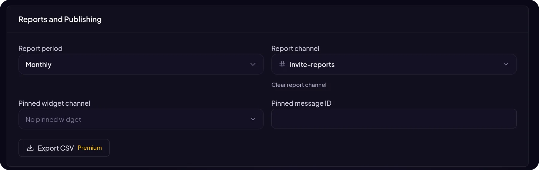 Invite reports in MurFFy: report period, report channel, pinned widget and CSV export