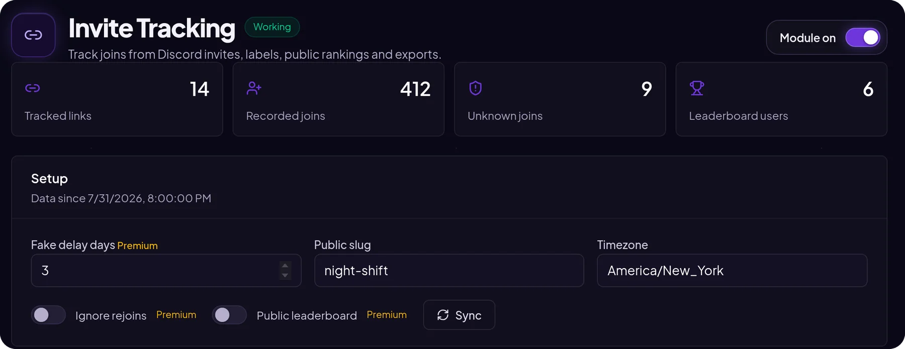 MurFFy invite tracking module: tracked links, joins and fake account settings