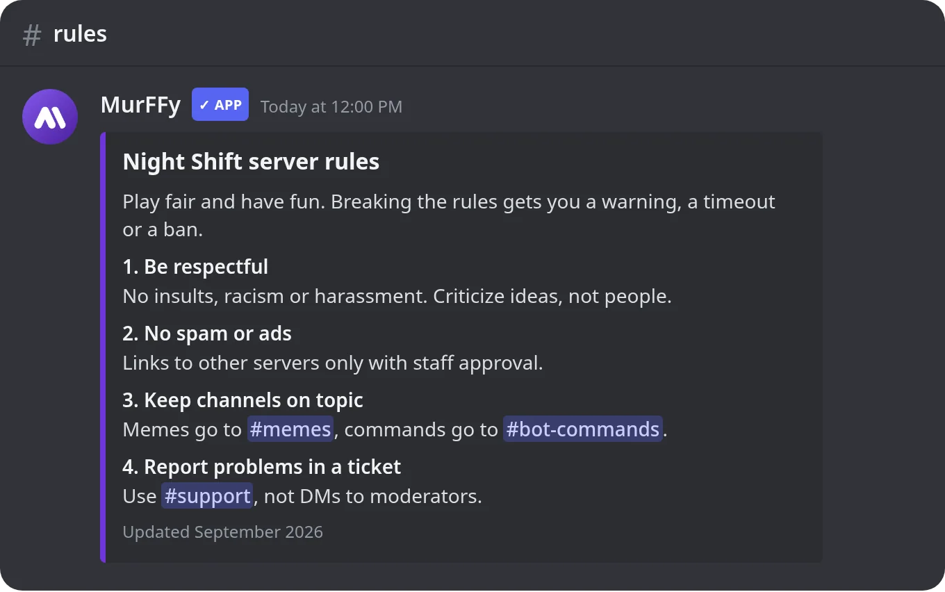 Discord server rules posted as an embed in the rules channel