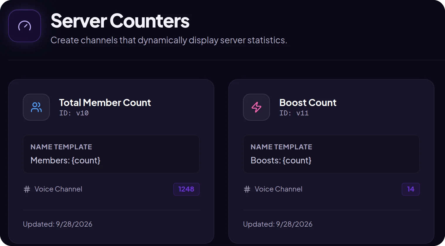 Server counters in the MurFFy dashboard: member and boost counters as voice channels