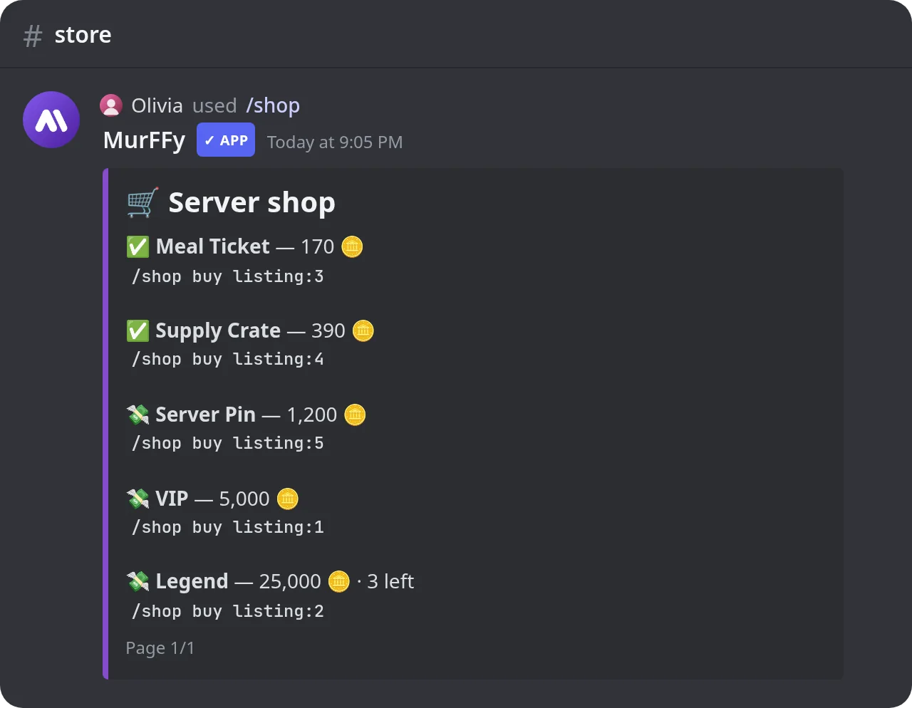 The server shop on Discord after the /shop command, with items and the VIP and Legend roles