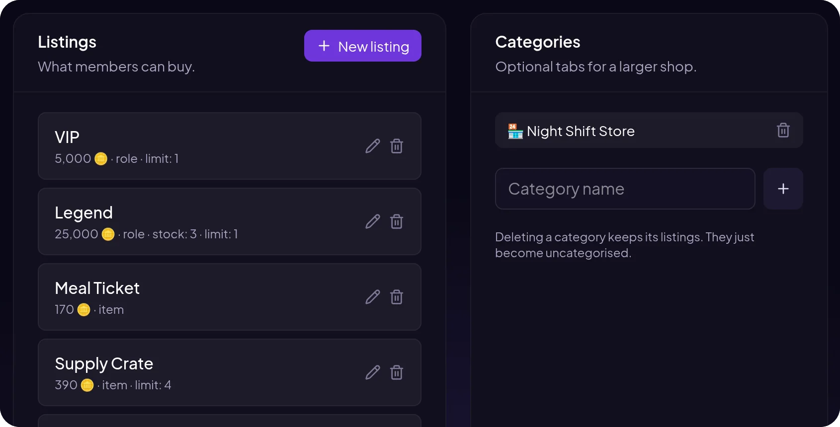 Economy shop in the MurFFy dashboard with VIP and Legend role listings, items and categories