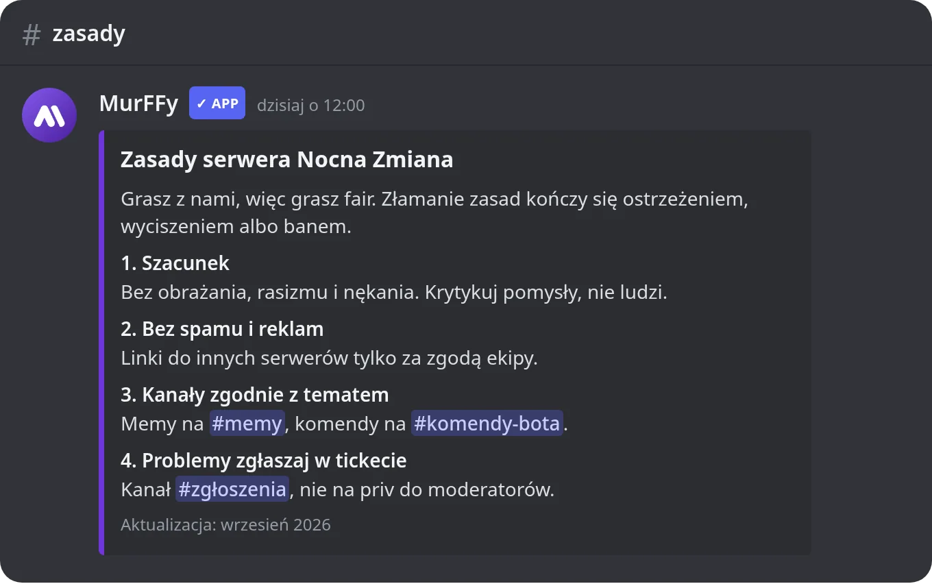 Regulamin serwera Discord opublikowany w embedzie na kanale zasady