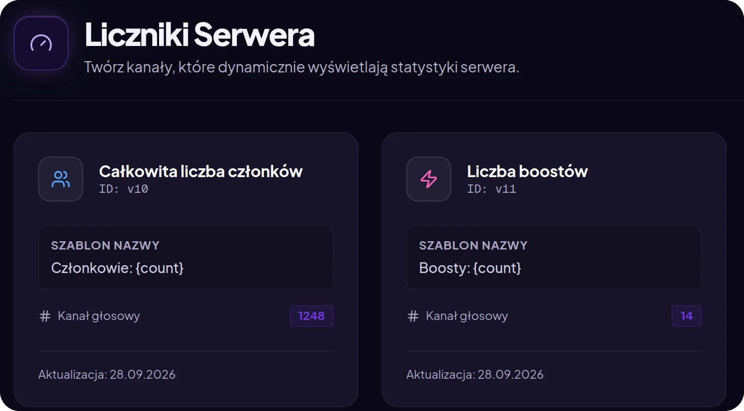 Liczniki serwera w panelu MurFFy: licznik członków i licznik boostów jako kanały głosowe