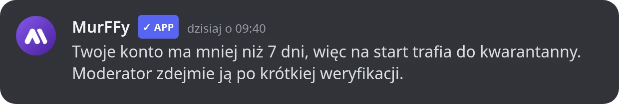 Wiadomość prywatna od bota MurFFy dla nowego konta skierowanego na kwarantannę