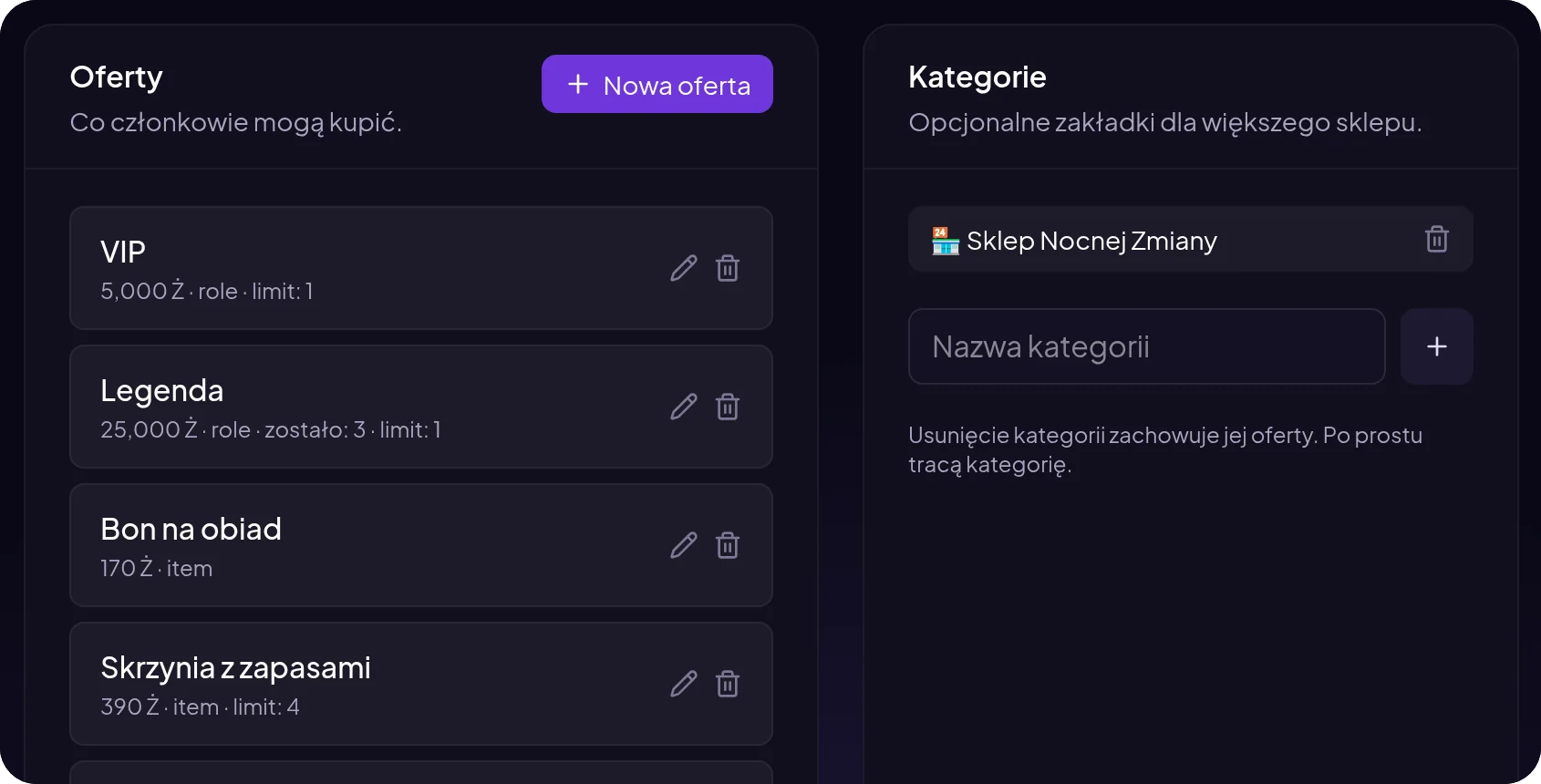 Sklep ekonomii w panelu MurFFy z ofertami ról VIP i Legenda oraz przedmiotami i kategoriami