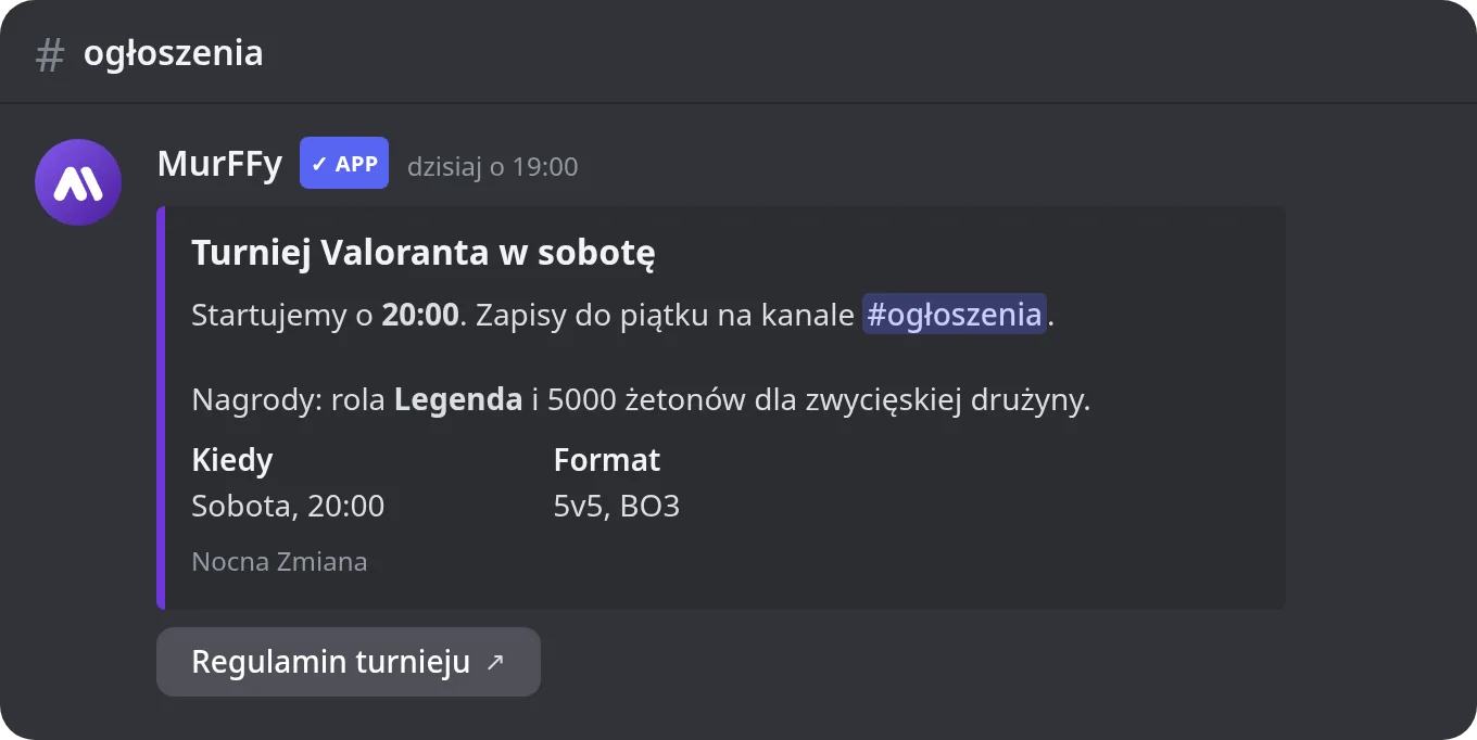 Gotowy embed z ogłoszeniem turnieju na Discordzie z polami i przyciskiem Regulamin turnieju