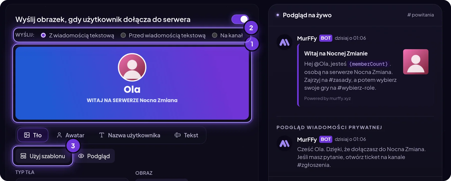 Edytor grafiki powitalnej w panelu MurFFy z podglądem karty, wyborem trybu wysyłki i gotowymi szablonami