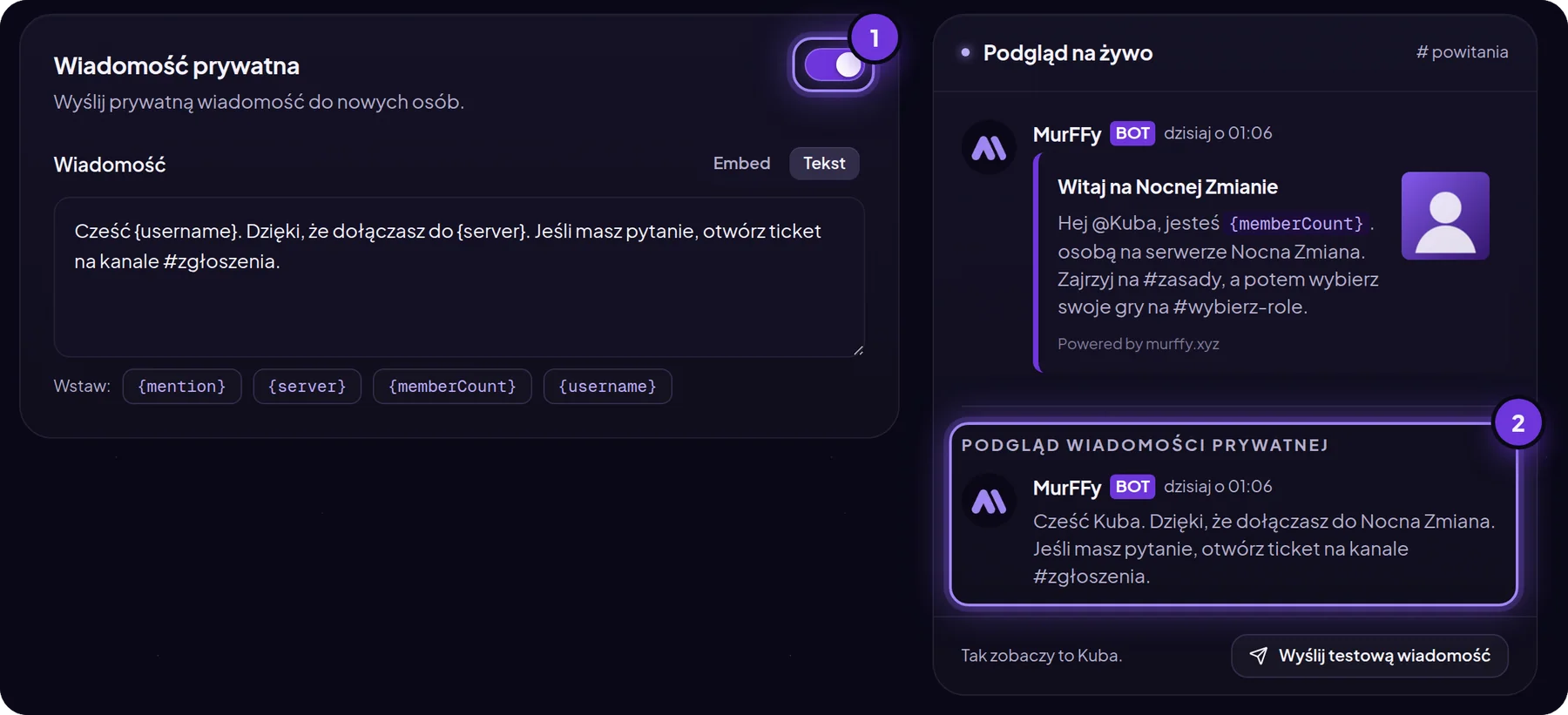 Ustawienia wiadomości prywatnej dla nowych członków serwera Discord w panelu MurFFy