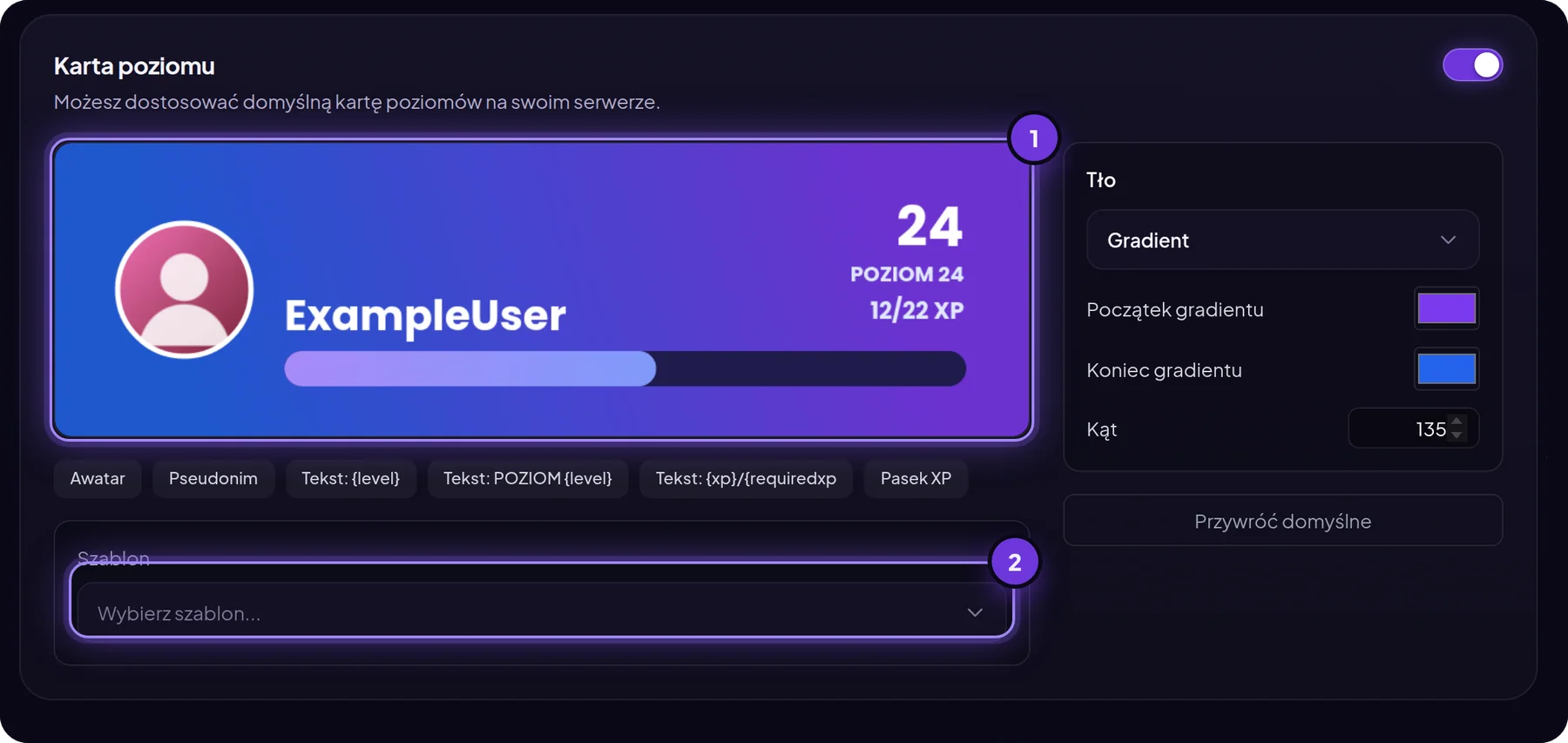 Edytor karty rangi w panelu MurFFy z podglądem karty i wyborem szablonu