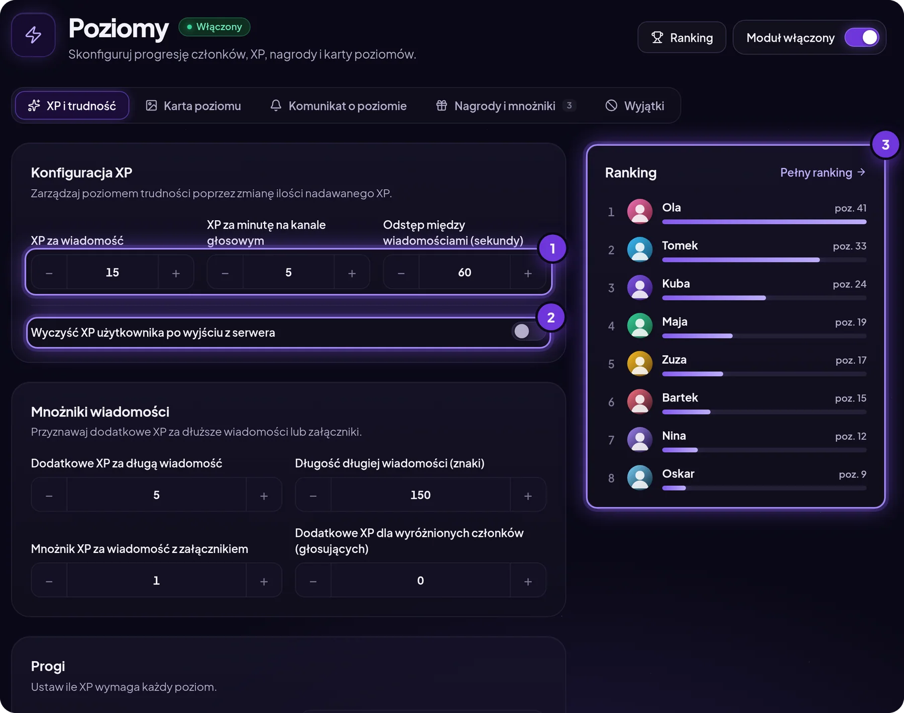 Konfiguracja XP w module Poziomy panelu MurFFy: XP za wiadomość, XP za kanał głosowy, odstęp między wiadomościami i ranking serwera