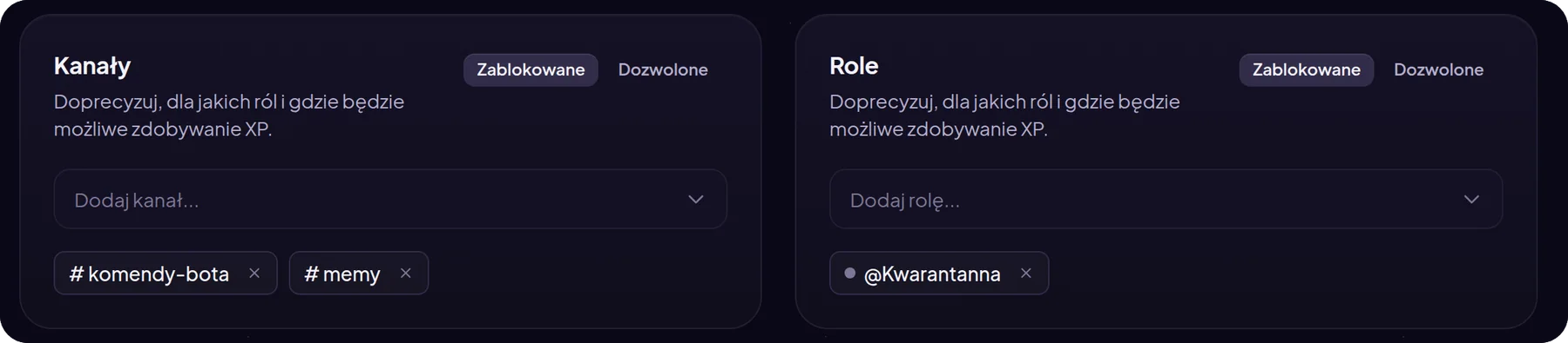 Wyjątki XP w panelu MurFFy: zablokowane kanały komendy-bota i memy oraz rola Kwarantanna bez XP