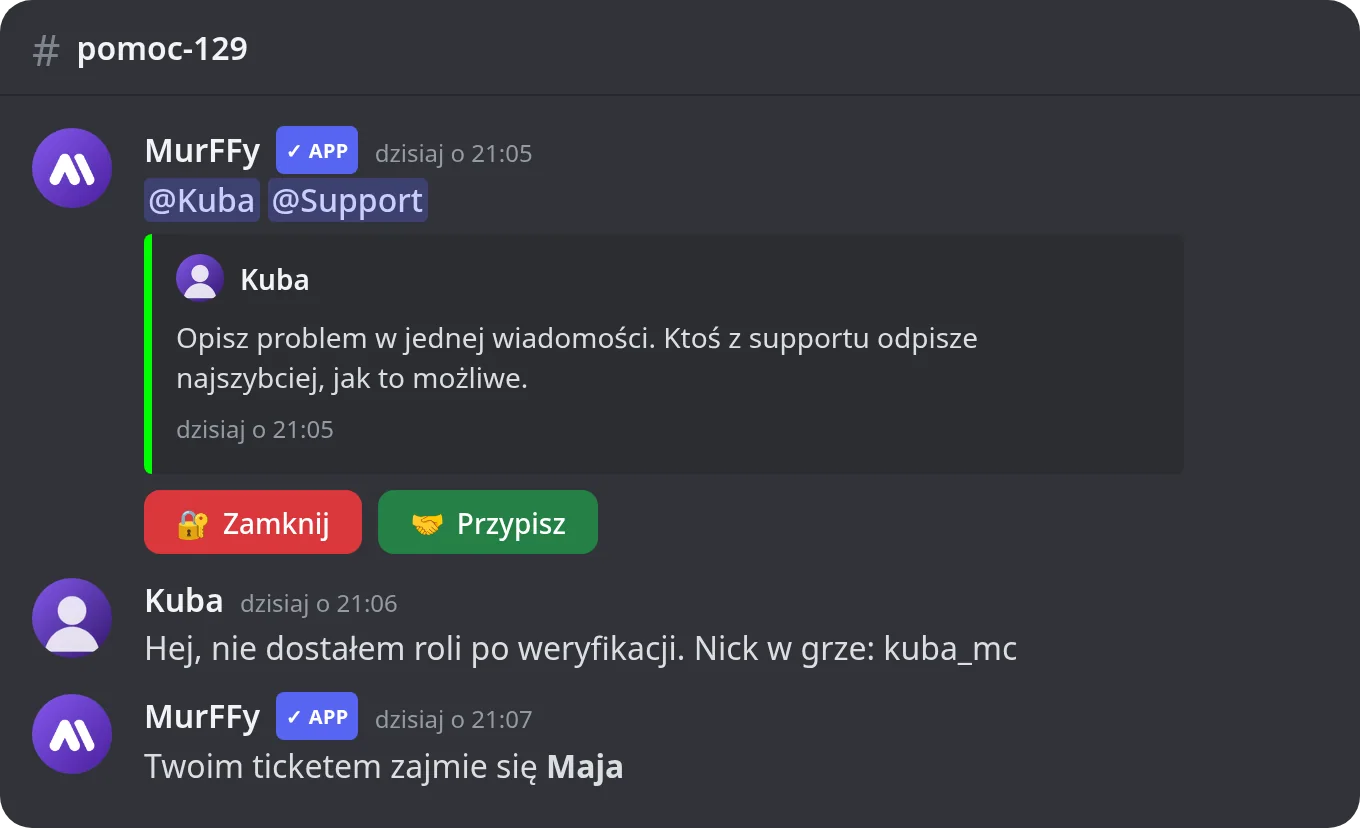 Nowy ticket na Discordzie: wiadomość powitalna z przyciskami Zamknij i Przypisz oraz informacja o przypisaniu zgłoszenia