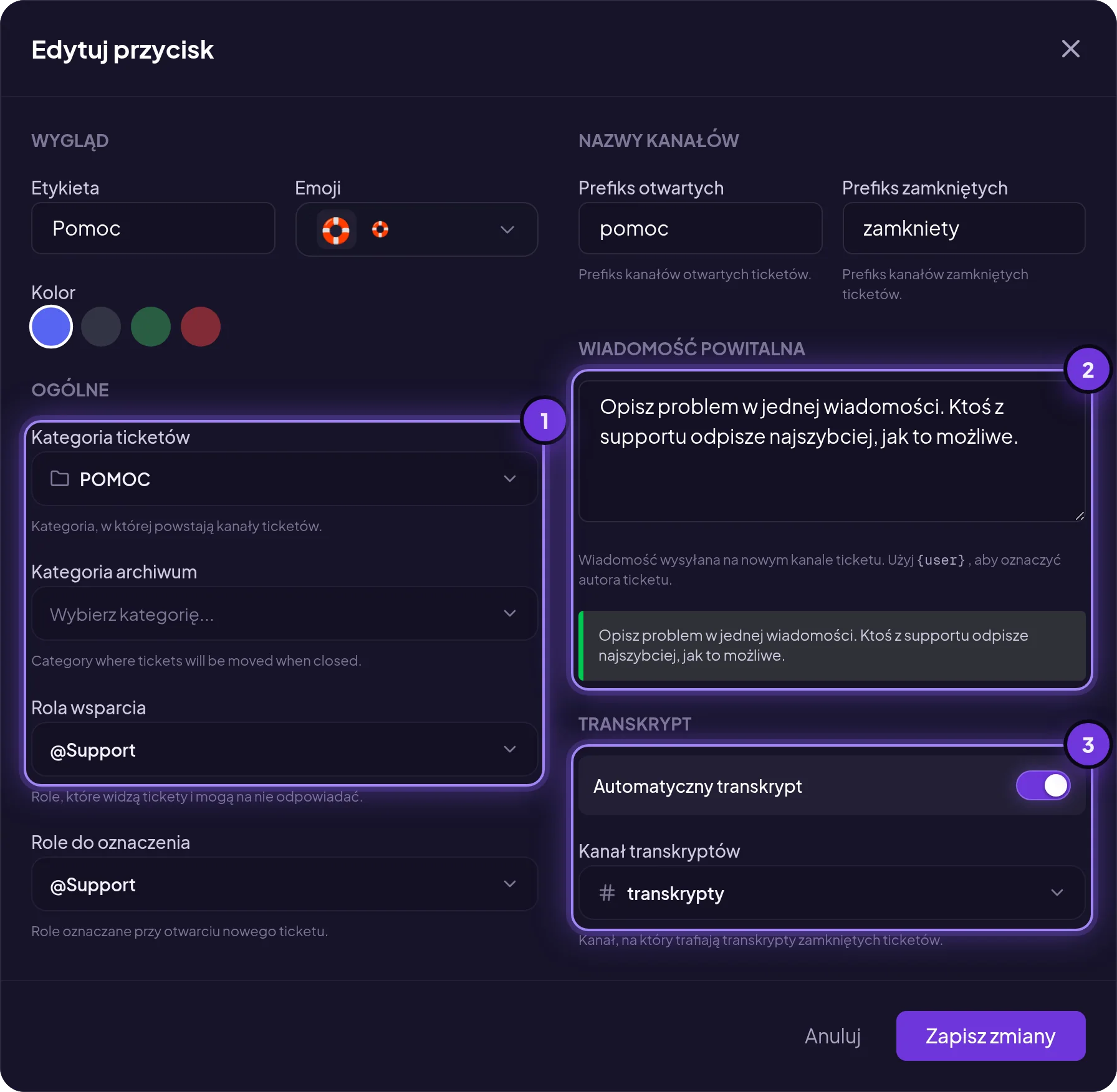 Edycja przycisku ticketu w panelu MurFFy: kategoria ticketów, rola wsparcia, wiadomość powitalna i automatyczny transkrypt