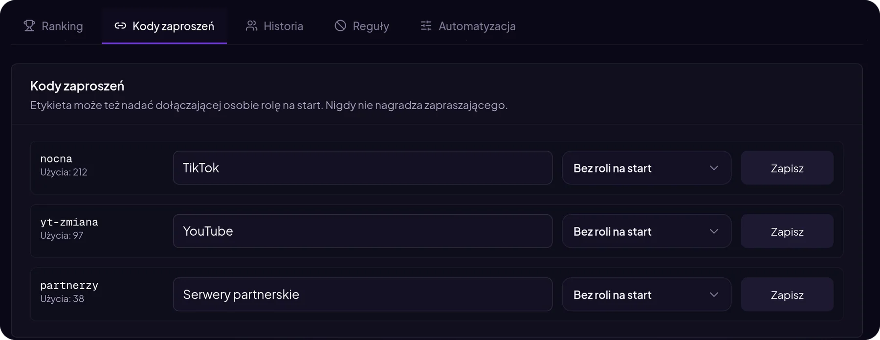 Kody zaproszeń z etykietami TikTok, YouTube i Serwery partnerskie oraz liczbą użyć w panelu MurFFy