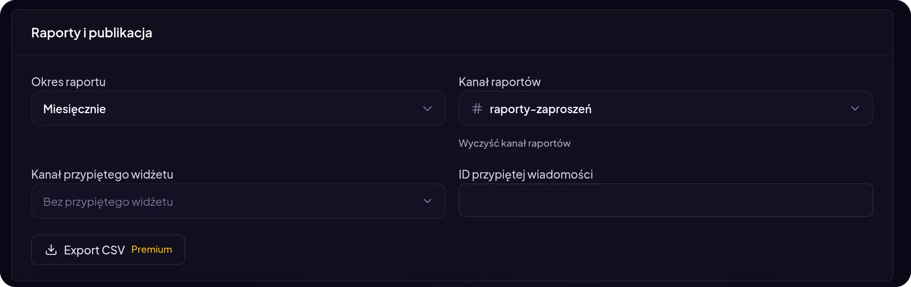 Raporty zaproszeń w panelu MurFFy: okres raportu, kanał raportów, przypięty widżet i eksport CSV